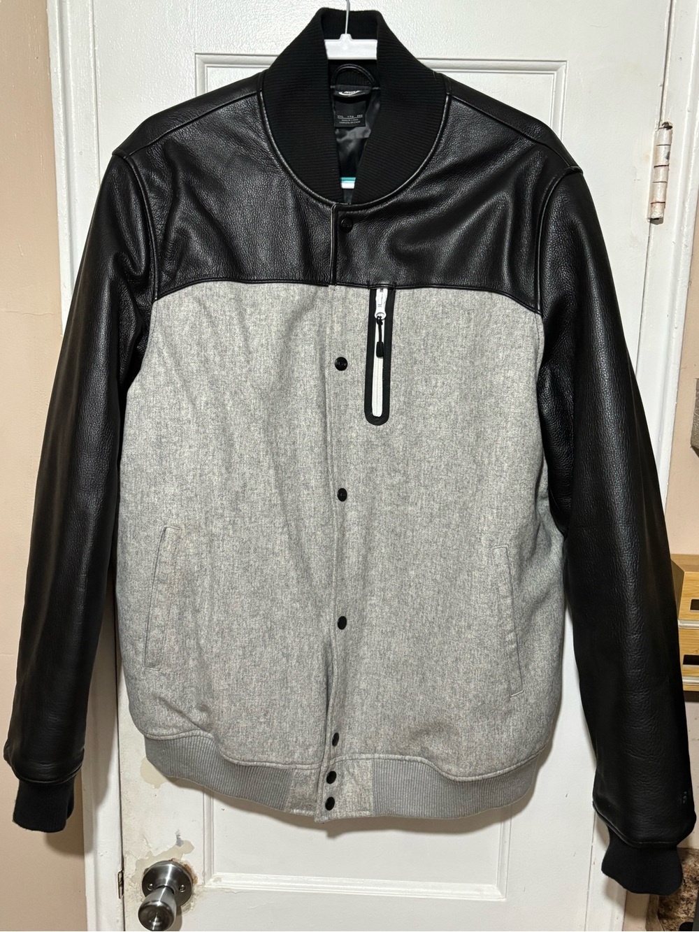 NIKE NSW Men's Black & Gray Leather and Wool Bomber Jacket.